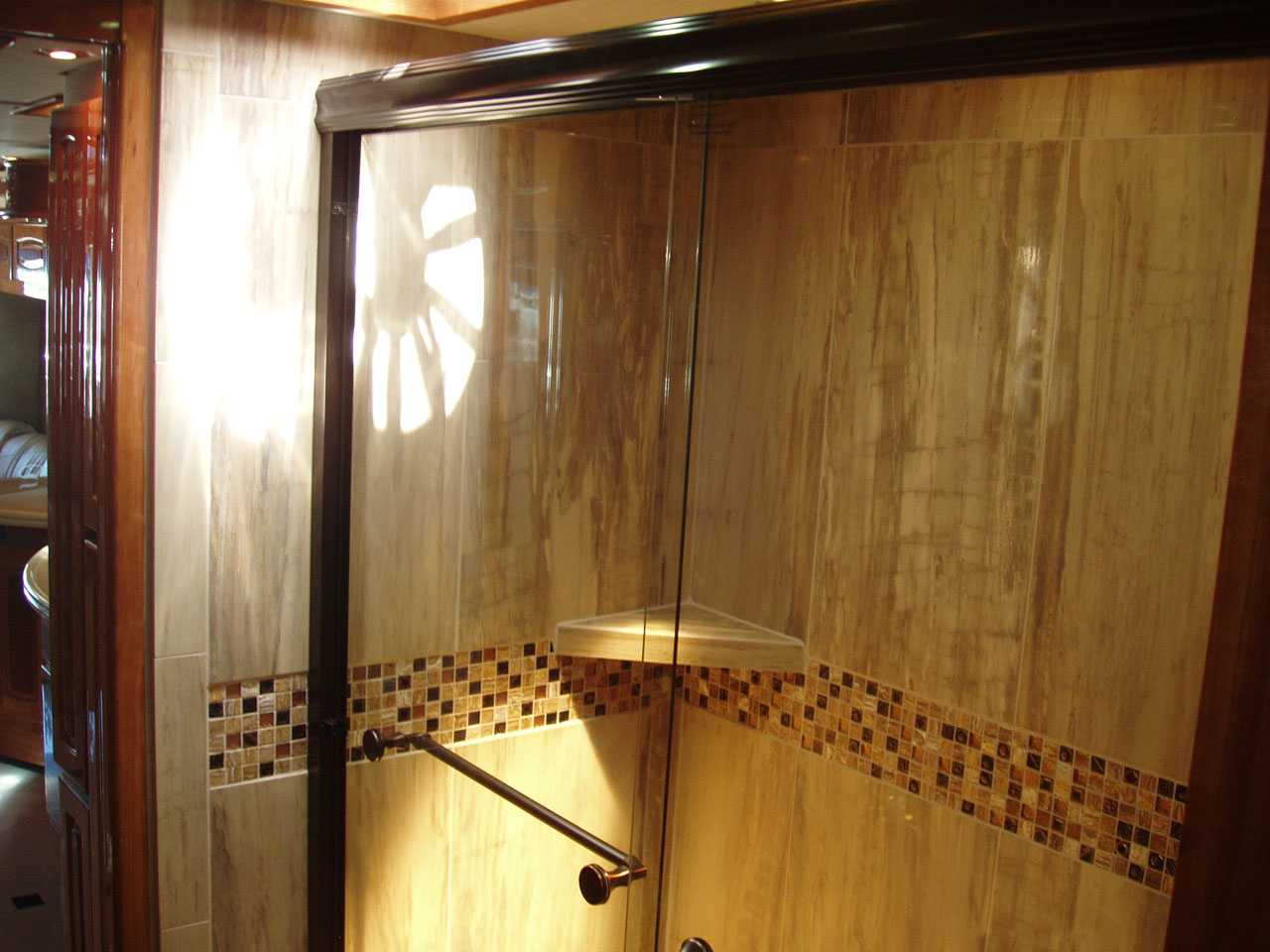 Full-size shower with custom woodwork - alternate view